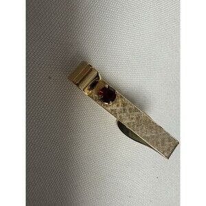 Vintage Gold Tone Red Rhinestone Tie Clip Tie Bar